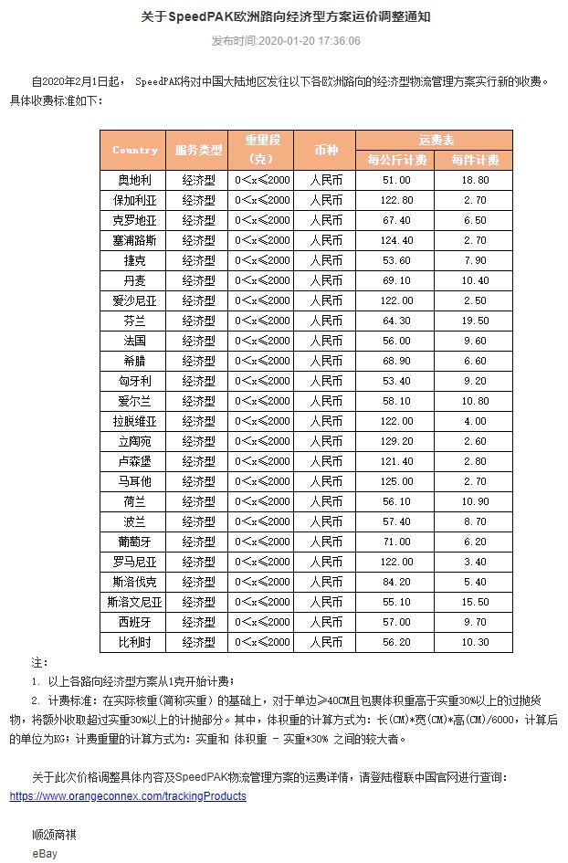 eBay调整SpeedPAK欧洲路向经济型方案运价