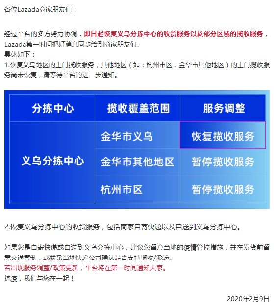 Lazada义乌分拣中心已基本恢复服务