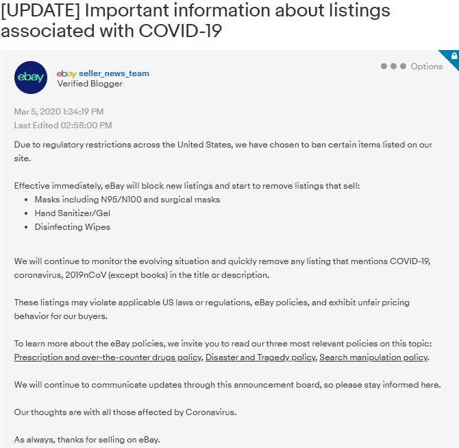 eBay宣布禁售口罩、洗手液等新冠病毒疫情相关产品