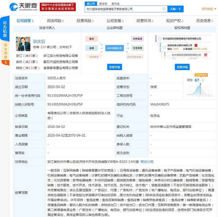 娃哈哈成立跨境电商新公司 注册资本500万