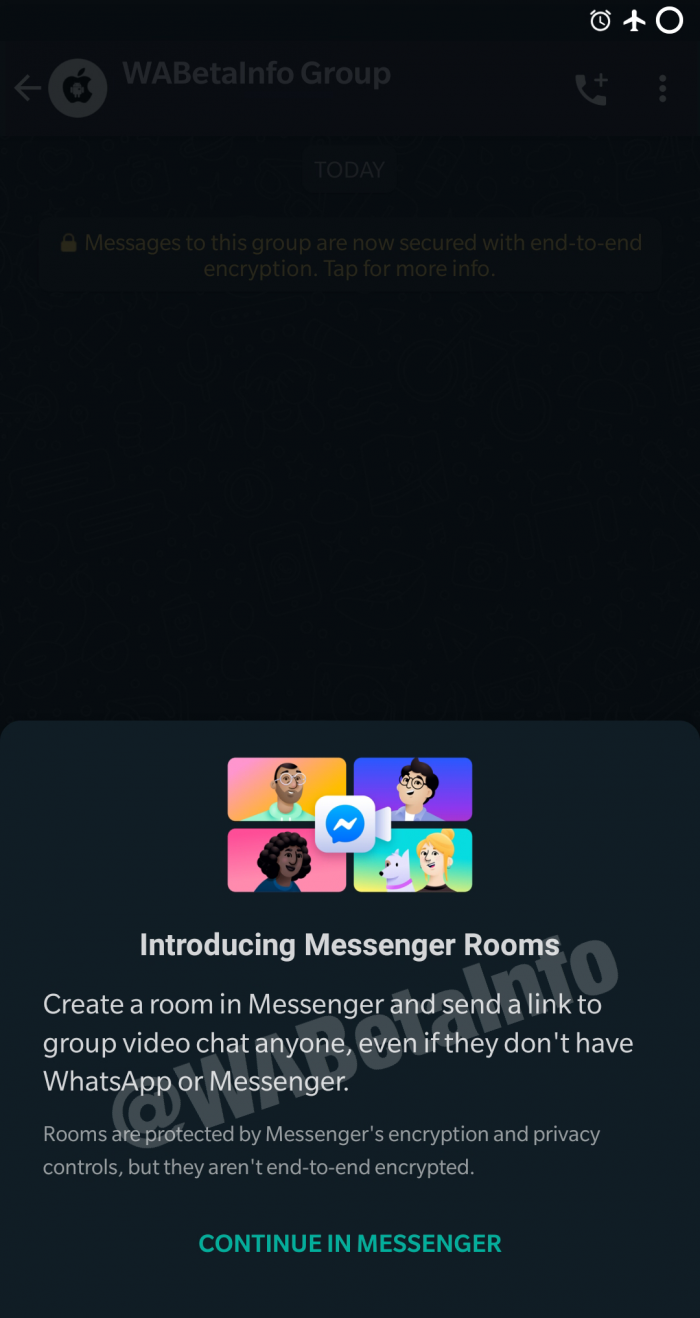 WhatsApp在最新的测试版中集成了Messenger Rooms功能