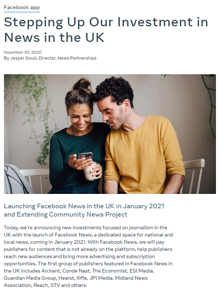 继在美国取得成功后 FB将于下月在英国推出Facebook News