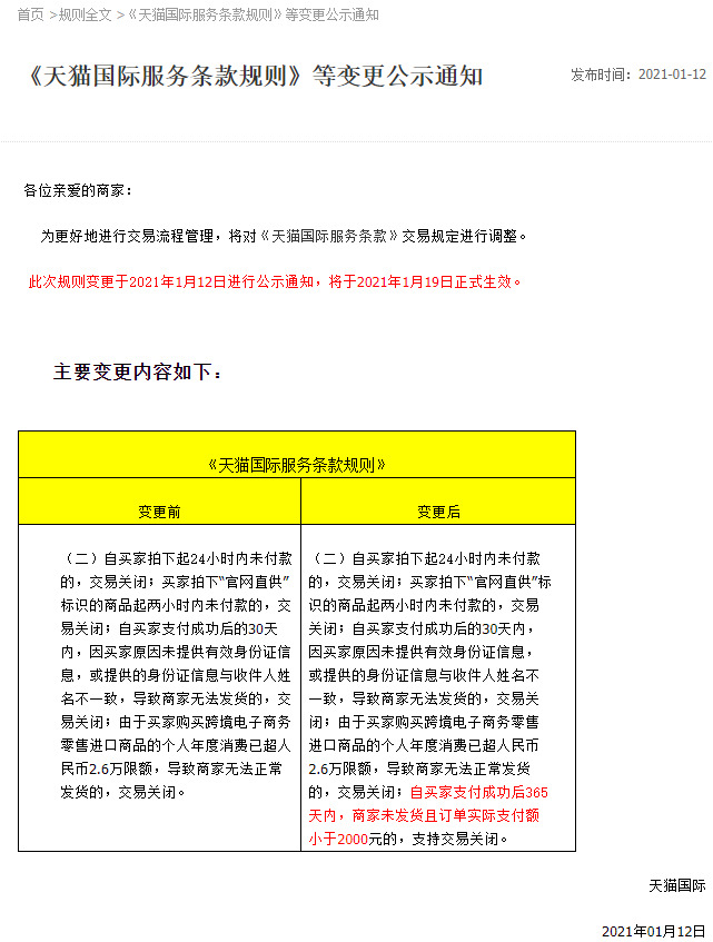 天猫国际调整服务条款规则 1月19日生效