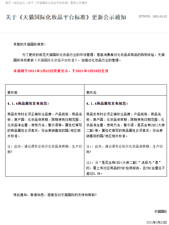 天猫国际更新化妆品平台标准 3月29日生效